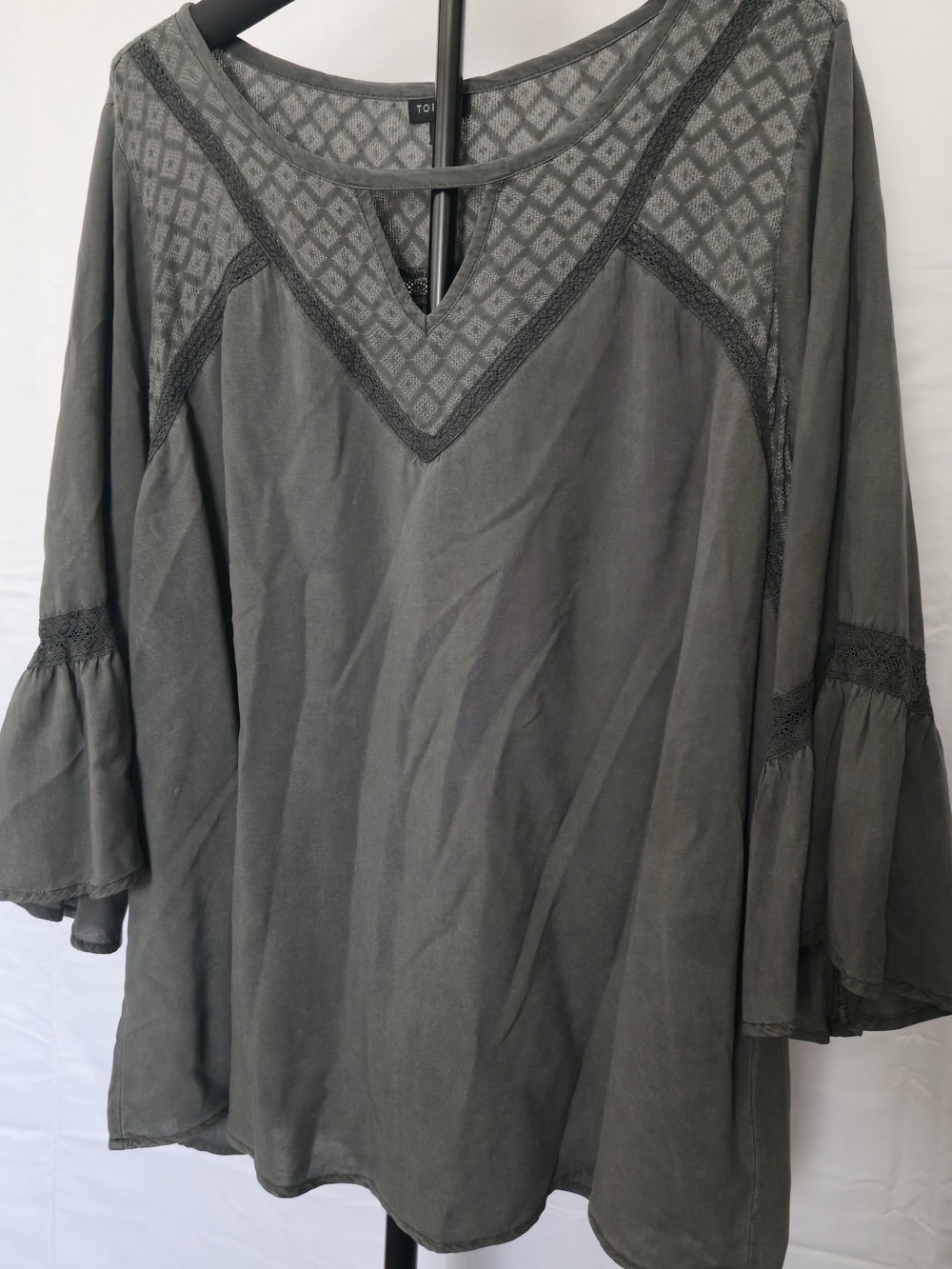 Smocked Yoke Bell Sleeve Top in Charcoal Gray